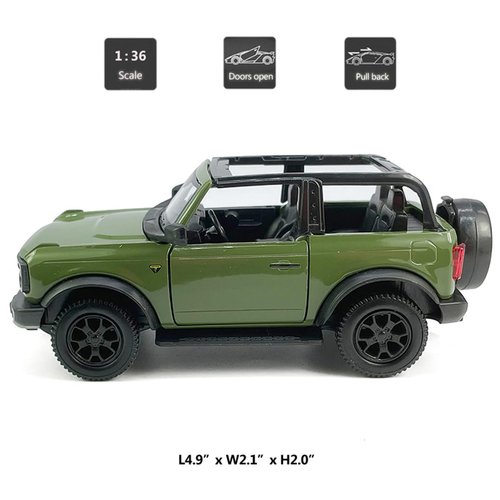 2-Door Convertible Bronco Badlands Model Car 1/36 Scale Diecast Toy Cars Metal Alloy Children’s Vehicles, Pull Back Doors Open, Black Rim, Mens Collection, Kids Toys for Boys Gifts, Cake Topper, green