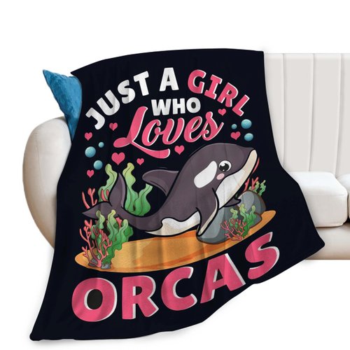 Just A Girl Who Loves Orcas Blanket Cute Orcas Decor Throw Blanket Gifts for Girls Boys Orcas Lover Super Warm Soft Plush Lightweight Fleece Flannel Bedding Blanket for Kids Adult Men Women 50"X40"