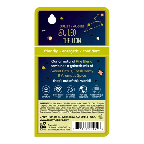 Crazy Rumors Leo Zodiac All Natural, Plant Based Lip Balm to Moisturize and Nourish your Lips - Fire Blend (Sweet Orange, Fresh Berry, Aromatic Spice)