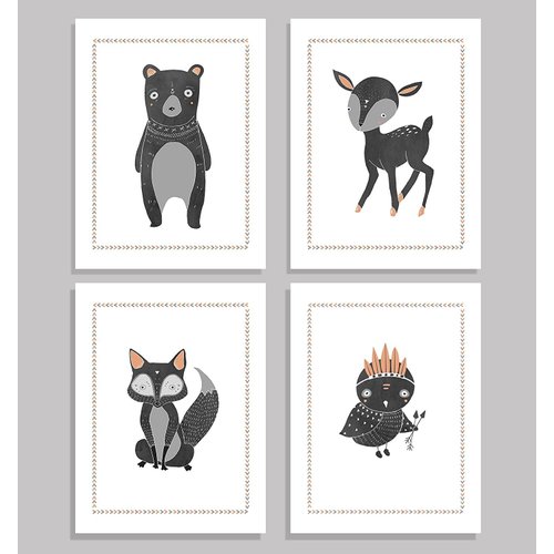 Children's Wall Art Prints, Boho Woodland Animal Collection, Set of Four 16x20 Inch Print, Forest Nursery, Gender Neutral Nursery Decor, Bear, Deer, Owl, Fox, Woodland Nursery, Kids Room