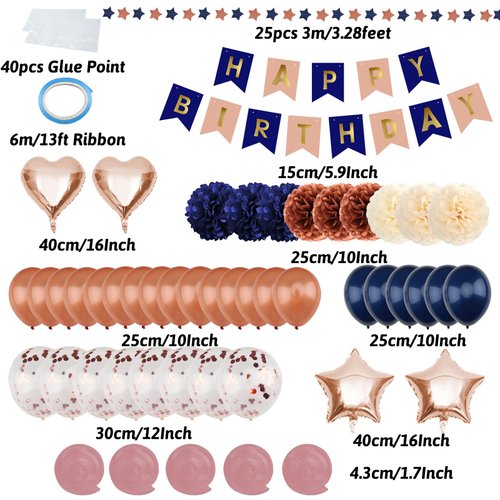 ZERODECO Birthday Decorations for Women, Navy Blue Rose Gold Birthday Party Decorations Happy Birthday Banner Paper Pompoms Balloon for Boys Girls Men Women Birthday Party Decorations Supplies