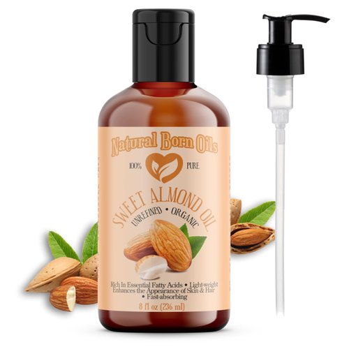 Natural Born Oils Sweet Almond Oil, 8oz, Organic, Cold-Pressed, Rich in Fatty Acids, Ideal for Moisturizing Skin, Strengthening Hair