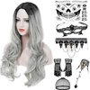 PORSMEER Gray with Dark Root Wig Long Wavy Wigs for Women, Cosplay Synthetic Hair Wig Middle Part Ladies Wigs 7-piece set including Grey Wig+Wig Cap+Lace Mask+Bracelets+Necklaces+Gloves+Tattoo