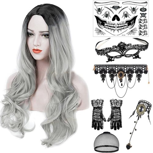 PORSMEER Gray with Dark Root Wig Long Wavy Wigs for Women, Cosplay Synthetic Hair Wig Middle Part Ladies Wigs 7-piece set including Grey Wig+Wig Cap+Lace Mask+Bracelets+Necklaces+Gloves+Tattoo