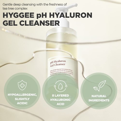 HYGGEE pH Hyaluron Gel Cleanser - Hyaluronic Acid Hydrating Face Wash - pH Balancing Formula for All Skin Types - Hypoallergenic Mild Makeup Cleansing Gel, 6.76 fl.oz.