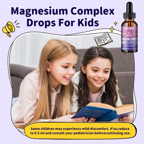 Kids Magnesium Liquid Drops-Magnesium Glycinate Liquid for Kids Supplement-w/L-theanine, Omega-3, Vitamin B6, D3 - for Sleep, Relaxation, Brain, Bones - Peach Flavor, 2 Fl Oz