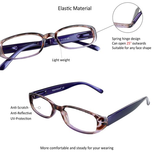 VisionGlobal 1 Pair Reading Glasses with Spring Hinge, Blue Light Blocking Glasses for Women/Men (Purple,+2.50 Magnification)
