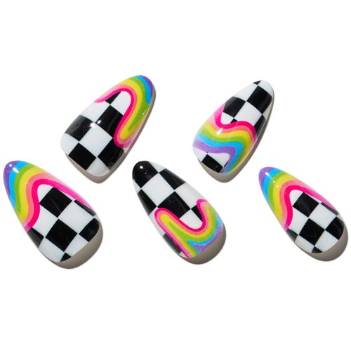GLAMERMAID Press on Nails Medium Almond, Y2K Rainbow Oval Fake Nails with Checkerboard Color, Glossy Gel Short Stick Glue on Nails Pride Day, Acrylic Reusable Stiletto Summer False Nail Kit for Women