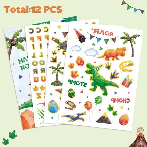 WERNNSAI Dinosaur Temporary Tattoos for Kids Girls - 12 Sheets Bronzing Styles Fake Tattoos Stickers 600+ with Alphabet Stickers Birthday Decorations Party Favors Supplies Gift for Children