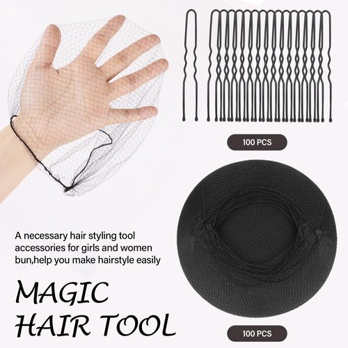 200PCS Hair Net Black 100Pcs 20 inches Invisible Nylon Hair Nets for Women and Men 100 Pcs U Shaped Hair Pins Set for Women - Perfect for Hair Bun, Sleeping, & Kitchen Food Service(200PCS Sets,Black)