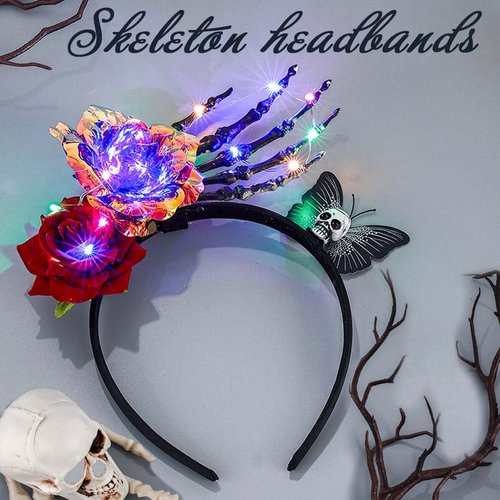 Firuilo Light Up Flower Headbands Gothic Skeleton Butterfly Hairbands Day of The Dead Head Hoops Glowing Floral Halloween Party Cosplay Costumes Hair Accessories for Women