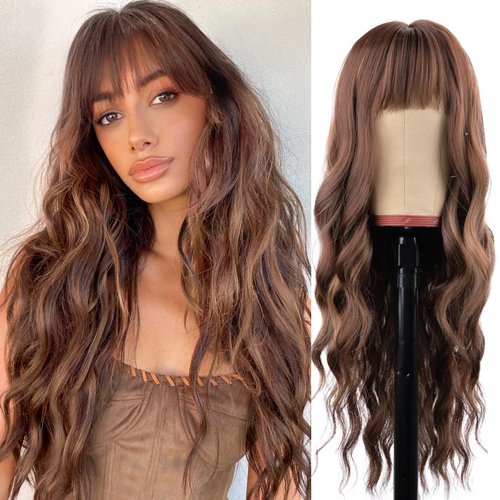 NOSTALGIA Long Brown Wigs with Bangs 26 Inches Curly Wavy Wig for Women Brown Mixed Blonde Highli...
