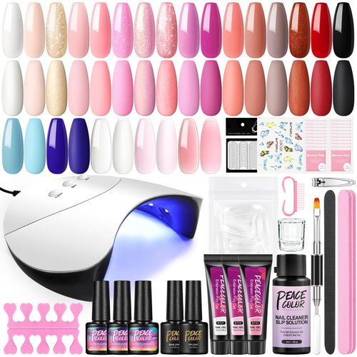 Gel Nail Polish Kit with U V Light Starter Kit 18Pcs Gel Nail Kit 3Pcs Poly Nail Gel Spring Colors 36W LED Lamp Top Base Coat Nail Stickers Manicure Kit Mother's Day Gifts for Women Mom DIY Salon
