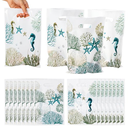Summer Beach Party Favor Bags - 50Pcs Blue Coastal Party Gift Bags Ocean Seashell Sweet Goody Candy Treat Bags Summer Ocean Themed Party Decoration Plastic Birthday Party Gift Bag Supplies for Kids