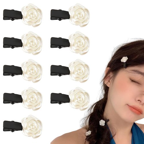 Rose Hair Clips and Barrettes - Tiny White Flower Hair Decorations for Long/Short Hair, Wedding, ...