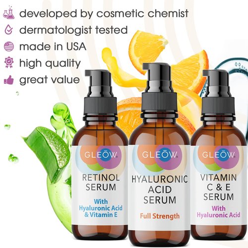 GLEOW Retinol Serum for Face - Vitamin C Face Serum with Hyaluronic Acid Serum for Face - Vitamin C Serum for Face - Retinol for Face - Hydrating Face Serum for Women and Men 3x1oz - Glow Face Serums
