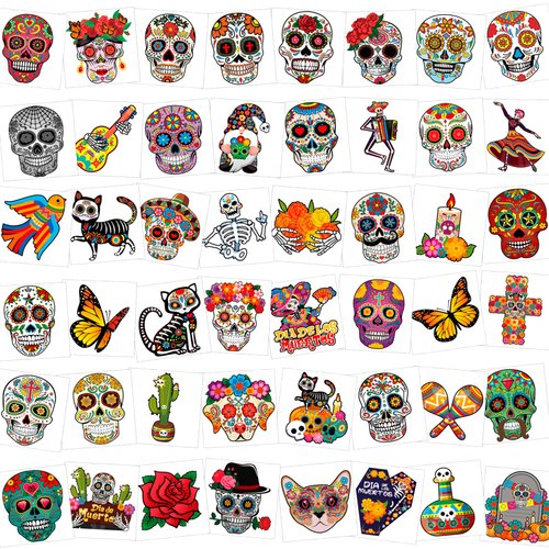 HOWAF 96pcs Day of the Dead Sugar Skull Tattoos, Dia De Los Muertos Party Decoration Temporary Tattoos, Day of the Dead Floral Skull Tattoos Stickers for Halloween Mexican Fiesta Party Decoration