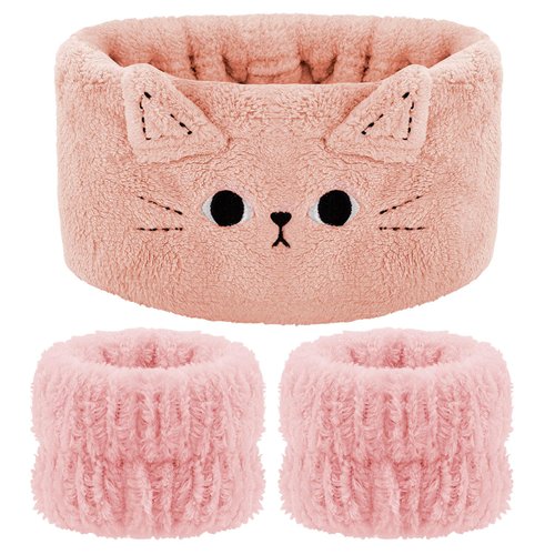 Atoden Cat Ears Spa Headband Wristband Set Cute Animal Skincare Headband Makeup Headband for Washing Face Elastic Face Wash Hair Band for Women Girls Trendy Stuff