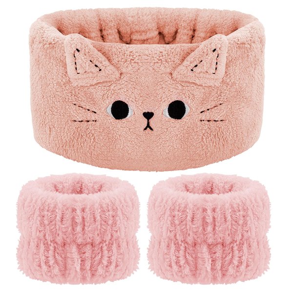Atoden Cat Ears Spa Headband Wristband Set Cute Animal Skincare Headband Makeup Headband for Washing Face Elastic Face Wash Hair Band for Women Girls Trendy Stuff