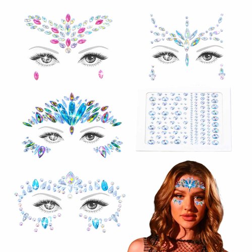 Wosois Face Jewels Crystal Stickers Set Gems Face Mermaid Rave Party Rhinestone Temporary Tattoos Accessories for Women Girls (Colourful A)