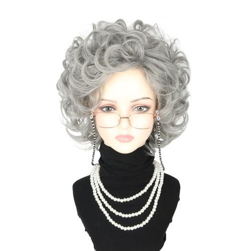 LeMarnia Old Lady Wigs and Accessories 5 Piece Set Short Curly Gray Granny Wig for Cosplay 100 Years Old Man Costume Wig Halloween Party Wig