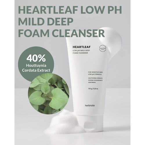 herbnote Heartleaf Low pH Deep Foam Cleanser - Gently Removes Sebum, Deep Cleans Pores - Contains 80% Houttuynia Cordata, Hyaluronic Acid, Soothes and Enhances Sensitive Skin, 5.29oz.