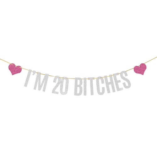 Silver Glitter I'm 20 Bitches Banner Happy 20th Birthday Banner Cheers to 20 Years Funny Birthday Theme Party Decorations