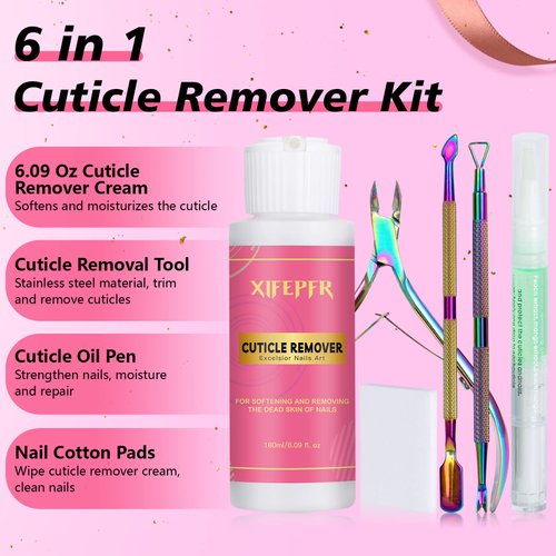 XIFEPFR Cuticle Remover Kit - 6.09 Oz Cuticle Remover Cream with Cuticle Trimmer, Cuticle Nipper, Cuticle Pusher, Cuticle Oil Pen for Professional Manicure Nail Cuticle Care Home DIY, Gifts for Women