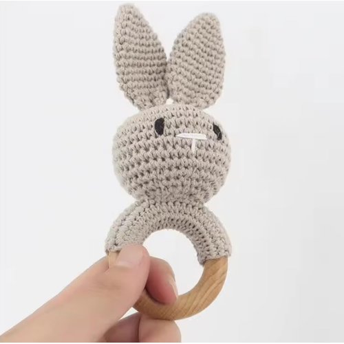 KITA Knitted Bunny Toy with Natural Wooden Teething Ring for Dogs, Cats and Puppies - Soft Stuffed Plush Knitted Crochet Bunny Toys