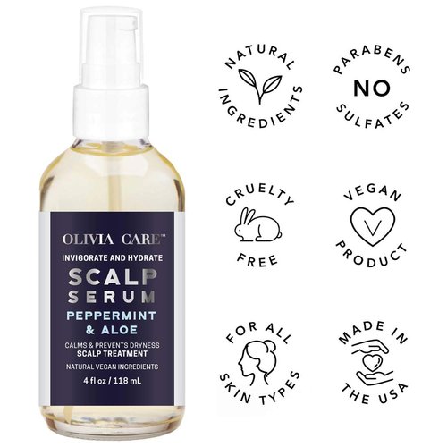 OLIVIA CARE Peppermint & Aloe Hair Scalp Serum Natural & Vegan Ingredients - Invigorate, Soothe, Calm, Hydrating Scalp Treatment - Prevent Dryness - 4 FL OZ