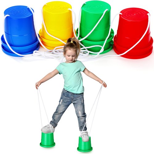 Hungdao 4 Pairs Balancing Stilts Walking Bucket Stilts Plastic Walking Stilts Toy with Adjustable Rope for Preschool Playground Indoor Outdoor Obstacle Course Games, 4 Colors