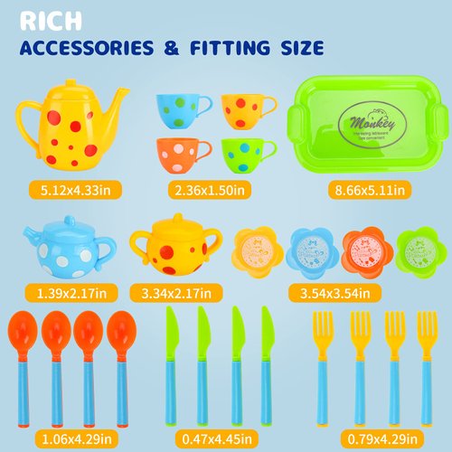 Pretend Play Toy Tea Set for little girls, Kids Role Play Tea Toy Party Set, 28pc Plastic Afternoon Tea Time Playset with Teapot, Cup, Knife, Fork, Spoon, Saucer, Serve Tray.