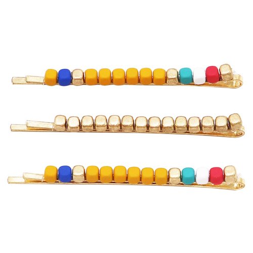 Rosemarie & Jubalee Women's Set of 3 Gold Tone With Yellow Blue Red Chunky Nugget Square Beads Hair Clip Barrette Bobby Pins