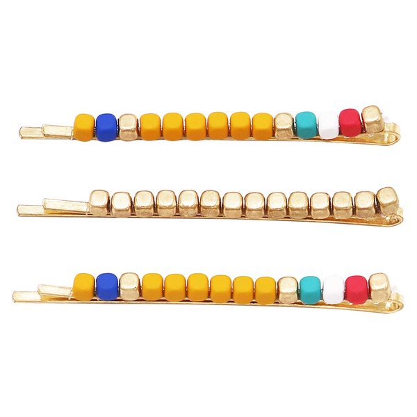 Rosemarie & Jubalee Women's Set of 3 Gold Tone With Yellow Blue Red Chunky Nugget Square Beads Hair Clip Barrette Bobby Pins