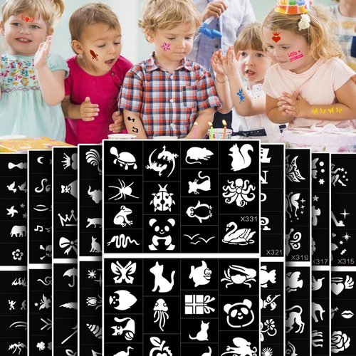 PPVWEY 694pcs Temporary Tattoo Stencils for Kids, Glitter Tattoo Template for Girls Boys Face Body Paint Stencil 16 Sheets Animal Flower Butterfly Reusable Tattooing Party Favor Supplies (Black)