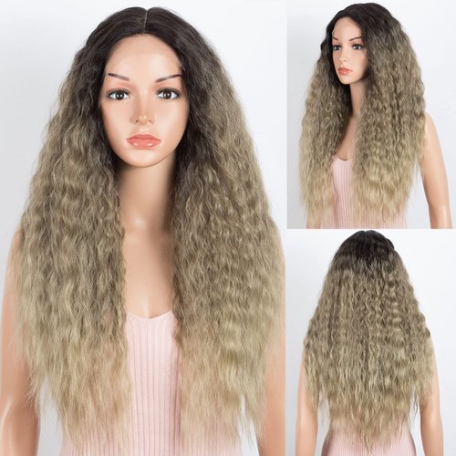 Style Icon Lace Wigs 29” Curly Wig Simulated Lace Scalp Synthetic Wigs Ombre Ash Blonde Wigs for Women Density 130% (Simulated Lace Scalp, TAT4/10/16A)