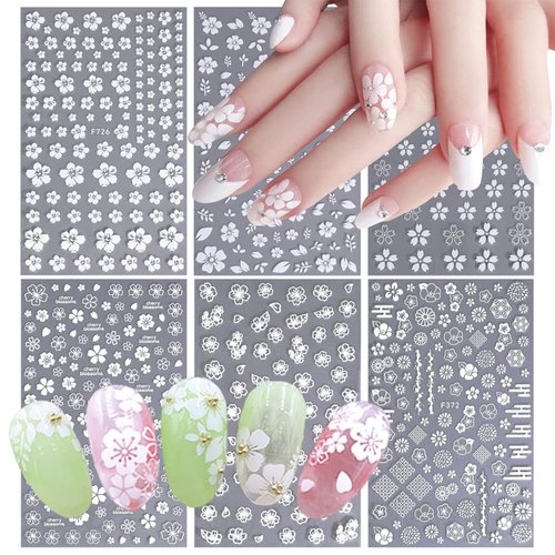 6 Sheets Flower Nail Art Stickers White Flower Nail Decals Cherry Blossom Leaves Nail Designs 3D Self-Adhesive Nail Art Supplies Floral Nail Stickers Manicure Decoration Accessories for Women
