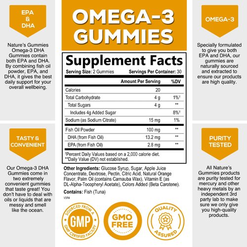 Omega 3 Fish Oil Gummies, Extra Strength Omega Fish Oil Supplement, High Absorption for Joint, Heart & Brain Support, Nature's Heart Healthy Omega 3s DHA EPA Gummy Vitamin, Orange Flavor - 60 Gummies