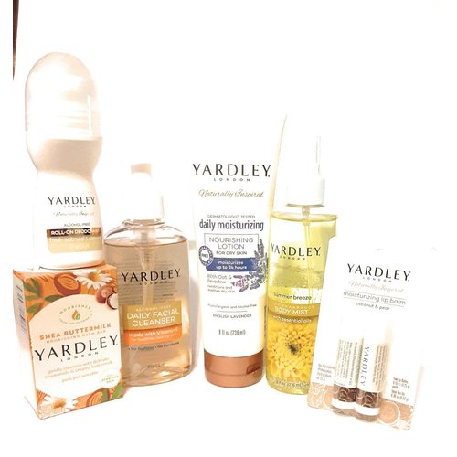 Generic Yardleys Self care package, includes Roll-on Deoderant, Shea Buttermilk Bath Bar, Daily Facial Cleanser, Daily Moisturizing Lotion, Fragrance Body Mist, and Moisturizing Lip Balm, Beige