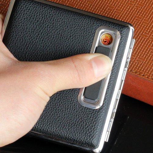 Fathers Day Gift Rechargeable Leather Cigarette Case with Electronic USB Lighter Christmas Gifts black