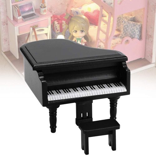 Dollhouse Grand Piano,1:12 Miniature Simulation Grand Piano with Stool Furniture Crafts Ornaments for Doll House Decoration Accessories(Black)