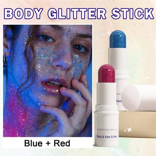 CAHIUYOA 2PCS Blue Red Body Glitter Stick Multiuse Glitter Gel for Face Body Hair Lip Eyes Glitter Makeup Stick Holographic Sequins Face Paint Hair Glitter Gel for Kids Women