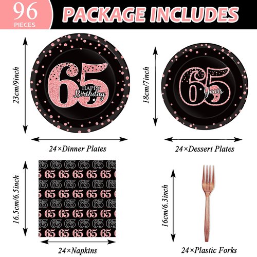 96 Pcs 65th Birthday Party Supplies Happy 65th Birthday Rose Gold and Black Tableware Set 65th Plates and Napkins for Women Men Party Decorations 65th Birthday Cake Plates Party Favor for 24 Guests