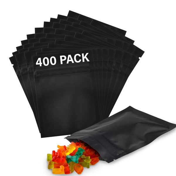 COLSEN Mylar Bags - 3x4 Inches Smell Proof Foil Pouch Bag (1oz), Resealable, Matte Black, Assorted Sizes for Food Storage, Candy, Snacks, Jewelry Packaging - Strong Zipper Seal, Party Favors (400pack)