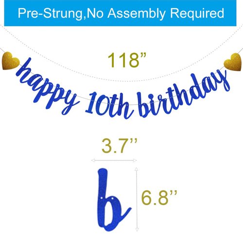 SUNbetterland Blue glitter Happy 10th Birthday Banner, Pre-Strung,Boys Kids 10th Birthday Party Decorations Supplies, Happy 10th Birthday
