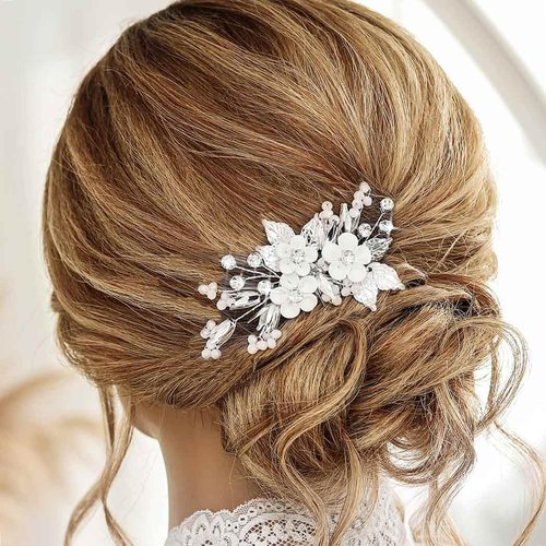 Casdre Flower Bride Wedding Hair Accessories Silver Leaf Bridal Hair Comb Side Comb Crystal Rhinestone Hair Piece for Women and Girls