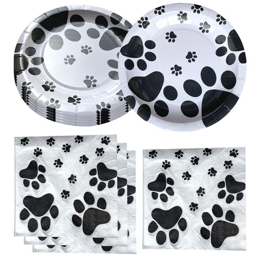 Fenghu 40Pcs Dog Paw Prints Birthday Party Supplies, 20 Plates and 20 Napkins, Dog Paw Prints Theme Birthday Party Decorations for Kid Baby Shower