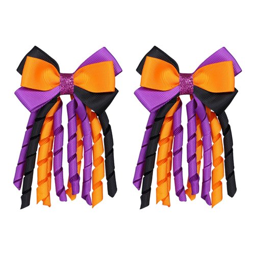 Halloween Hair Bow Clips 3 Inch Curly Ribbon Hair Clips Handmade Kids Girls Trick or Treat Hair A...