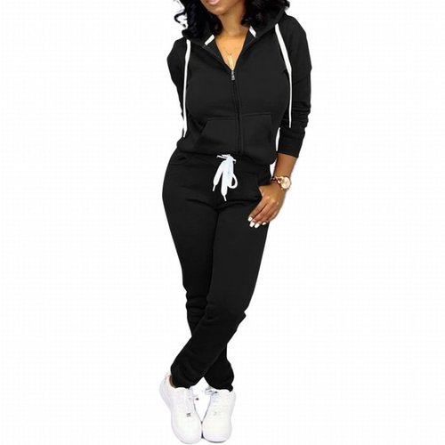CLOCOR Jogging Suits for Women - Casual 2 Piece Sweatsuit Pocket Tracksuit Long Sleeve with Patchwork Pants Set Black-1-M