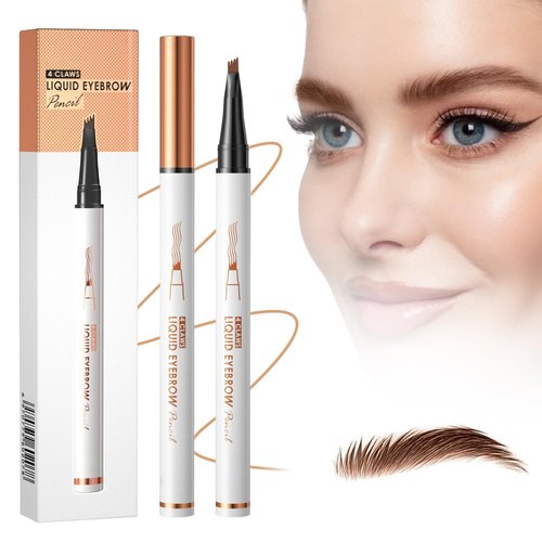 2Pcs 3D Microblading Eyebrow Tattoo Pencil 4 Fork Tip, 2024 New Liquid Eyebrow Pen, Natural Makeup Fine Stroke Magic Eyebrow Pencil, Long Lasting Fine Sketch Microblading Pen (Light brown)